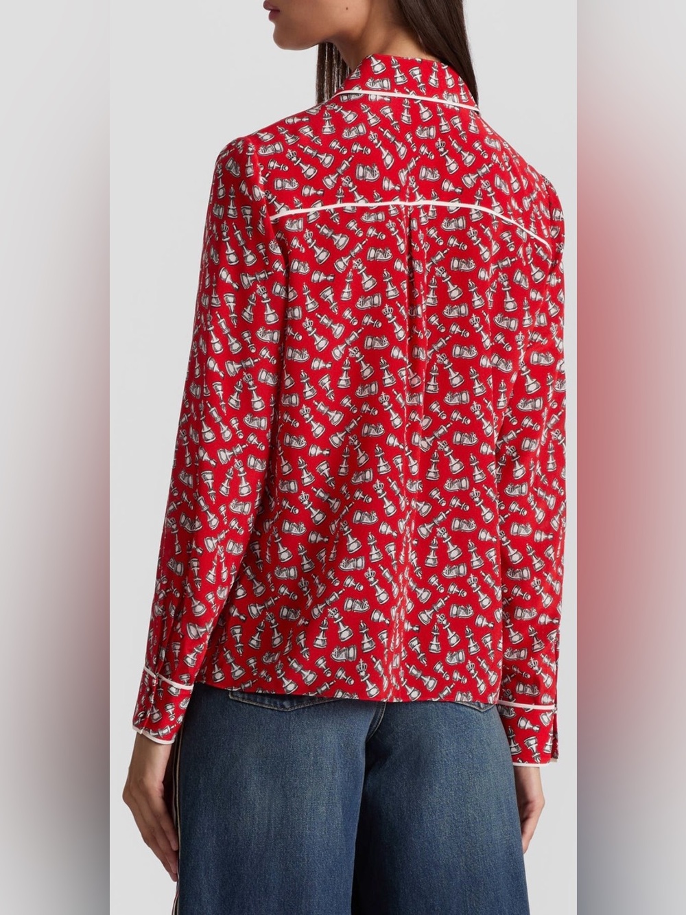 Alice + Olivia Willa Chess Piece Print Silk Button-Up Shirt - Picture 3 of 8